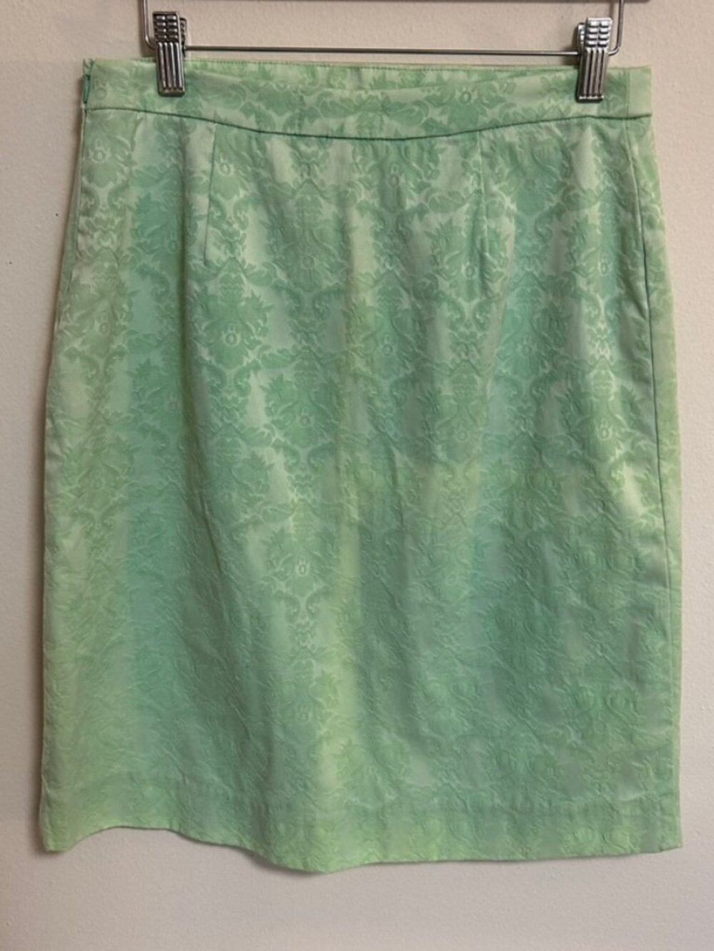 Moulinette Souers Anthropologie Mint Green Pencil Skirt Brocade Look Sz 4 EUC